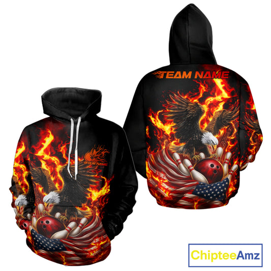 Custom Patriotic Fire Flame Eagle Men And Women Bowling Team Shirt, Firefighter Bowling Shirt IPHW10201