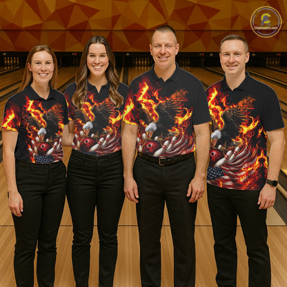 Custom Patriotic Fire Flame Eagle Men Bowling Team Shirt, Firefighter Bowling Shirt IPHW10201
