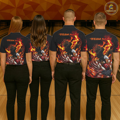 Custom Patriotic Fire Flame Eagle Men Bowling Team Shirt, Firefighter Bowling Shirt IPHW10201