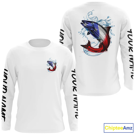 Personalized American Flag Chinook Salmon Fishing Shirts, Patriotic Salmon Long Sleeve Fishing Shirt IPHW6273