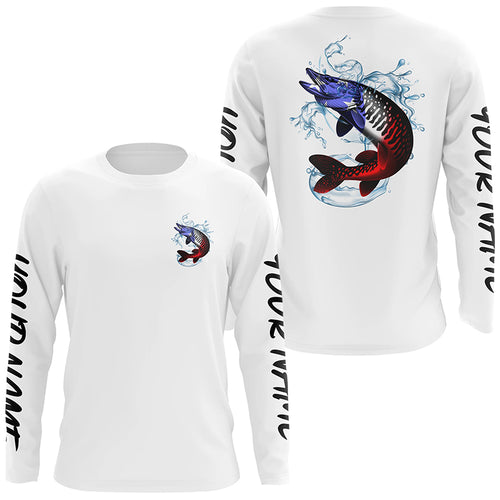 Personalized American Flag Musky Fishing Shirts, Patriotic Muskie Long Sleeve Fishing Shirts IPHW6274