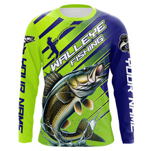 Load image into Gallery viewer, Walleye Fishing Custom Long Sleeve Tournament Shirts, Green And Blue Walleye Fishing Jerseys IPHW6279