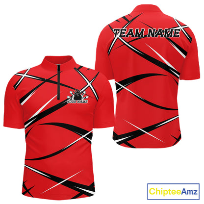 Front and back mockup of a men's quarter zip bowling shirt in red, black, and white with a custom name.
