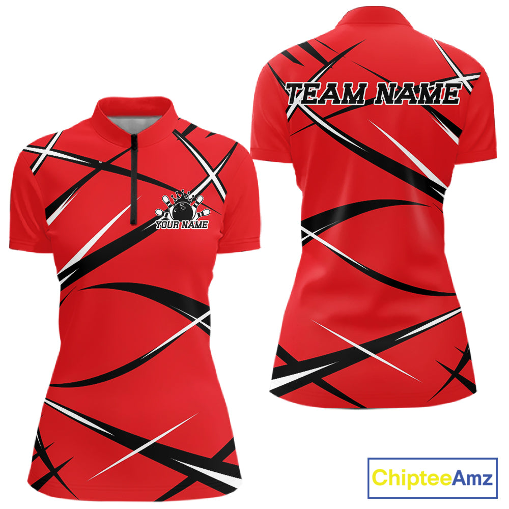 Front and back view of a women s bowling quarter zip shirt mockup with a red, black, and white sporty bowling jersey design