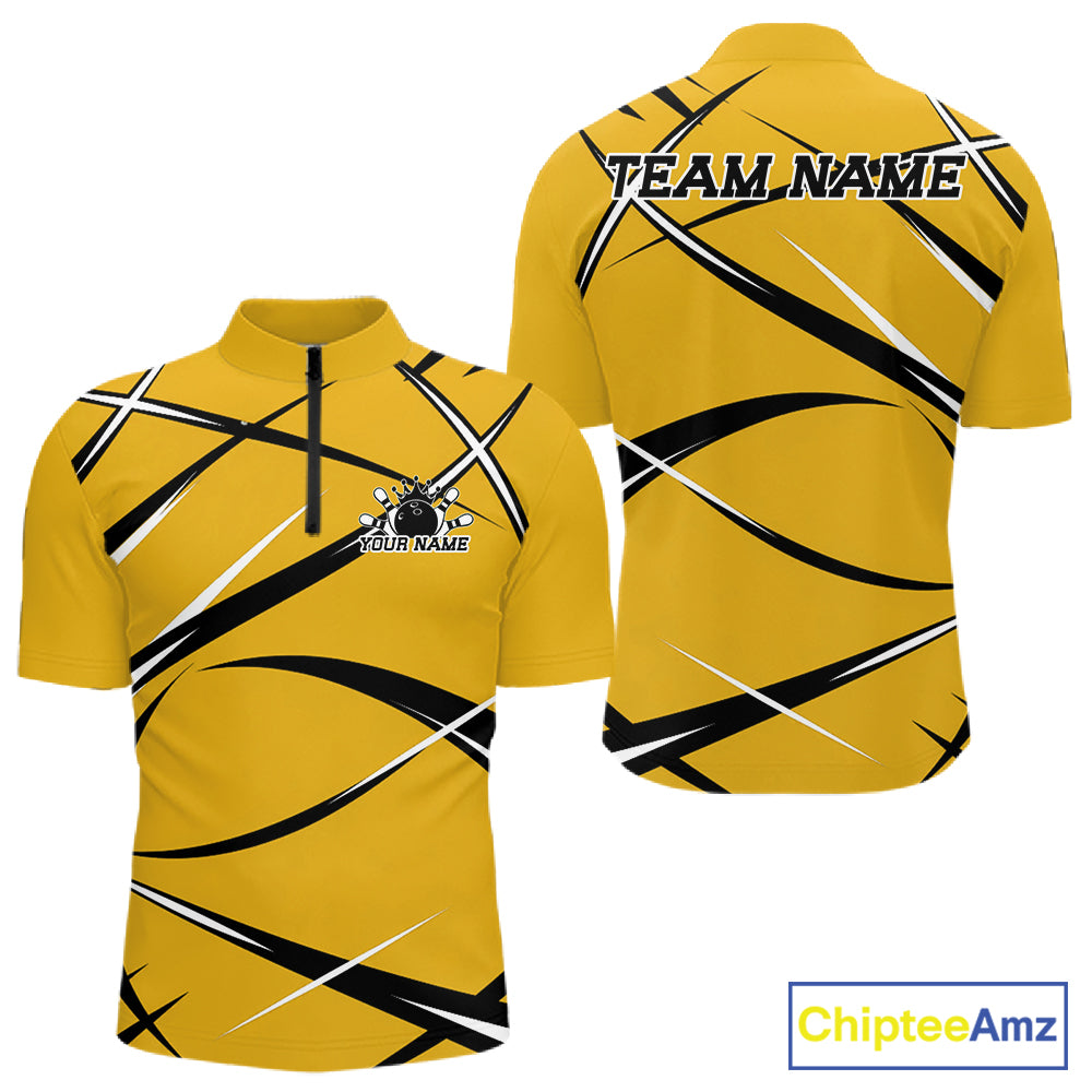 Front and back mockup of a men's quarter zip bowling shirt in yellow, black, and white with a custom name.
