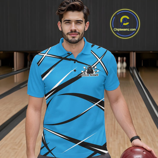 Front view of a male bowler wearing a blue, black, and white bowling polo shirt in a bowling lane
