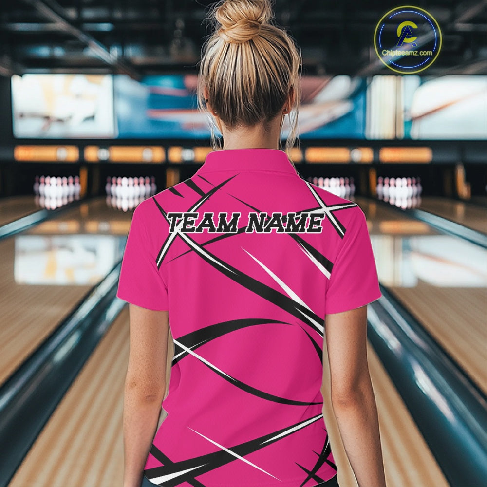 Back view of a female bowler wearing a pink, black, and white bowling quarter zip shirt with a sporty jersey look