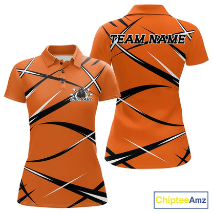 Front and back view of a women's bowling polo shirt mockup featuring an orange, black, and white sporty jersey-inspired design