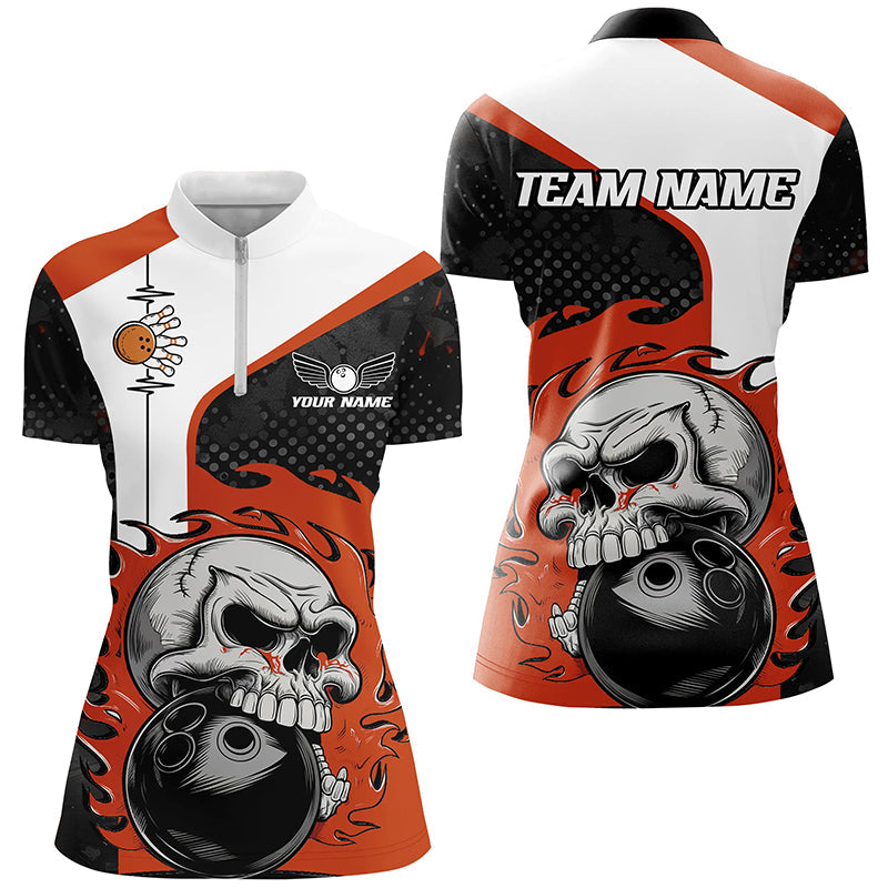 Custom Orange Flame Skull Bowling Shirts, Bowling Team Quarter Zip Shirt For Women Outfit IPHW6757