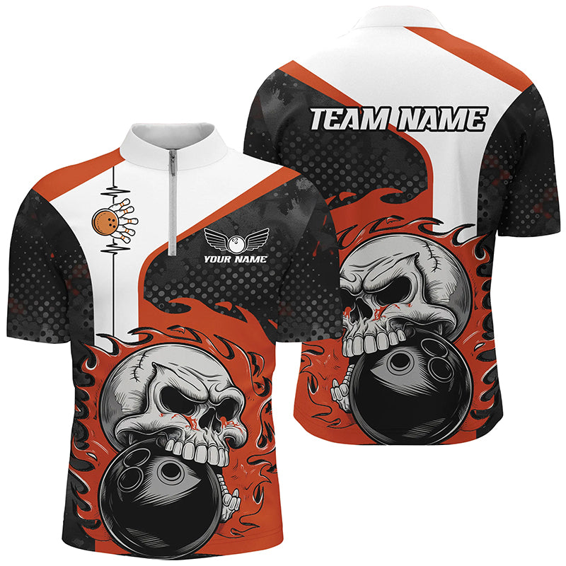 Custom Orange Flame Skull Bowling Shirts, Bowling Team Quarter Zip Shirt For Men Outfit Bowling IPHW6757