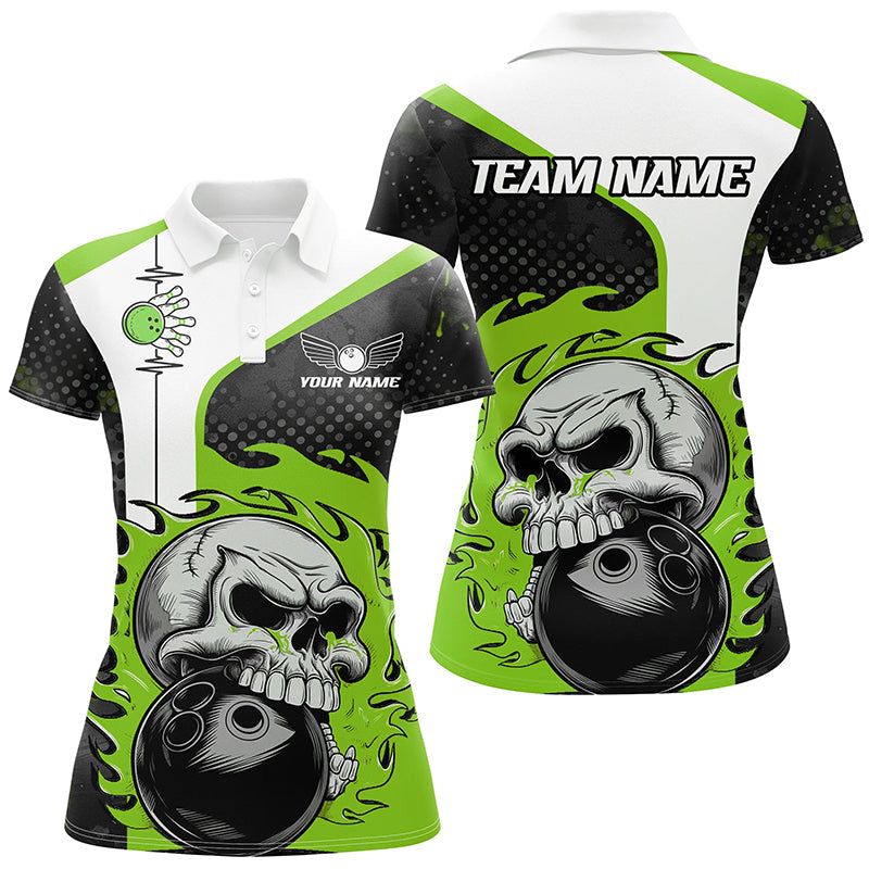 Custom Green Flame Skull Bowling Shirts, Bowling Team Polo Shirt For Women Outfit Bowling IPHW6758