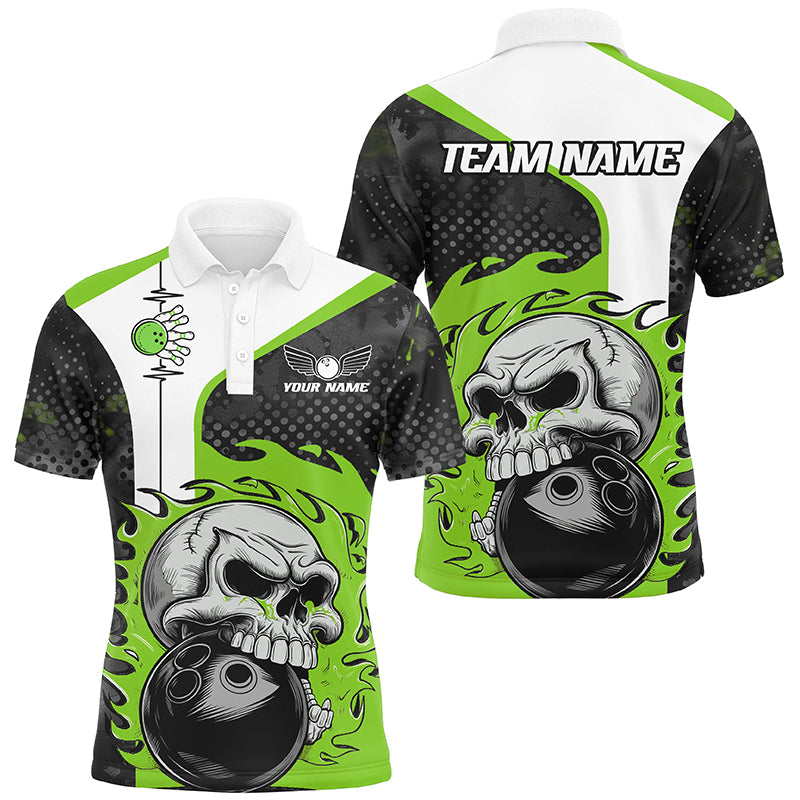 Custom Green Flame Skull Bowling Shirts, Bowling Team Polo Shirt For Men Outfit Bowling IPHW6758