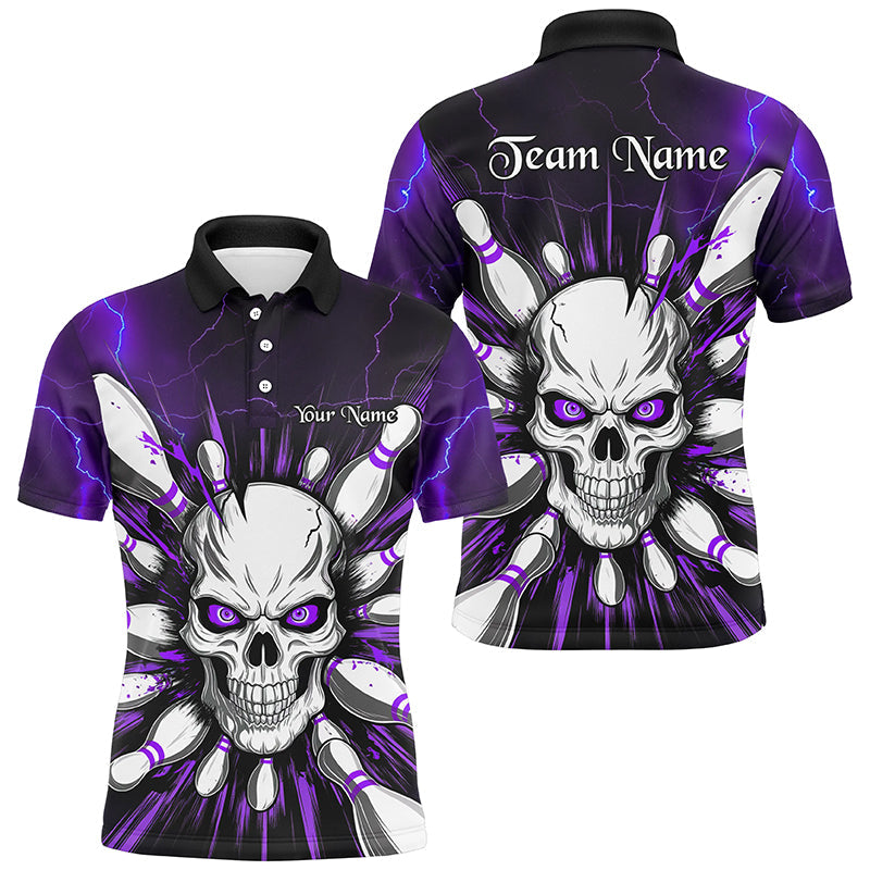 Purple Lightning Thunder Custom Skull Bowling Shirt For Men, Halloween Bowling Team Polo Shirt IPHW6762