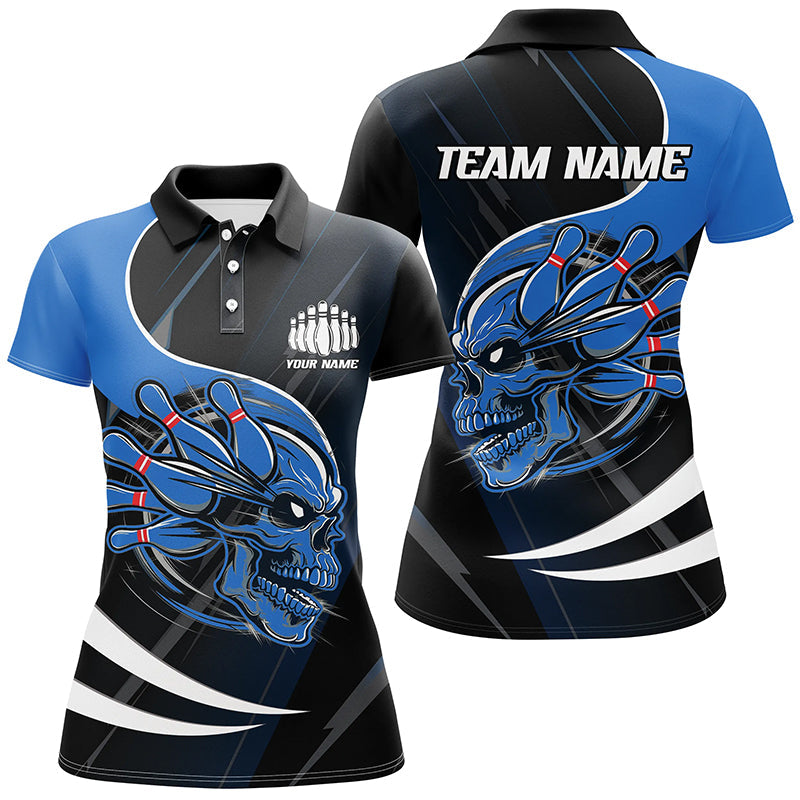 Custom Skull Bowling Shirts For Women, Bowling Team Shirts Uniform Outfit | Blue IPHW6763