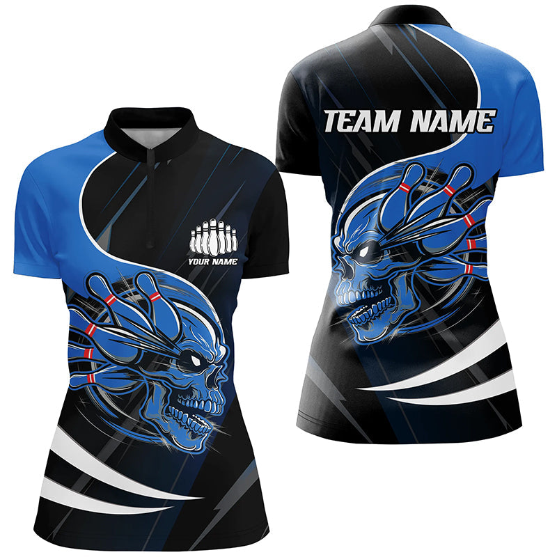 Custom Skull Bowling Shirts For Women, Bowling Team Shirts Uniform Outfit | Blue IPHW6763