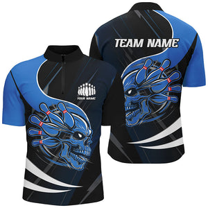 Custom Skull Bowling Shirts For Men, Bowling Team Shirts Uniform Outfit | Blue IPHW6763