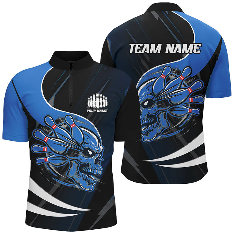 Custom Skull Bowling Shirts For Men, Bowling Team Shirts Uniform Outfit | Blue IPHW6763