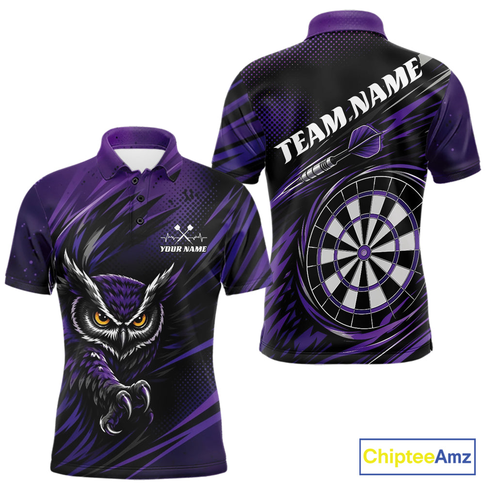Front and back view of a purple and black darts polo shirt, pairing a striking owl graphic with personalized names, a flying dart, and dartboard.