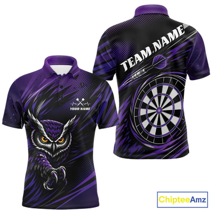 Front and back view of a purple and black darts polo shirt, pairing a striking owl graphic with personalized names, a flying dart, and dartboard.