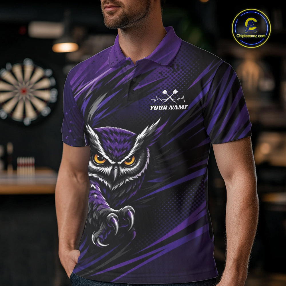 Front view of a man wearing a purple and black darts polo shirt, pairing a striking owl graphic with personalized names, a flying dart, and dartboard.