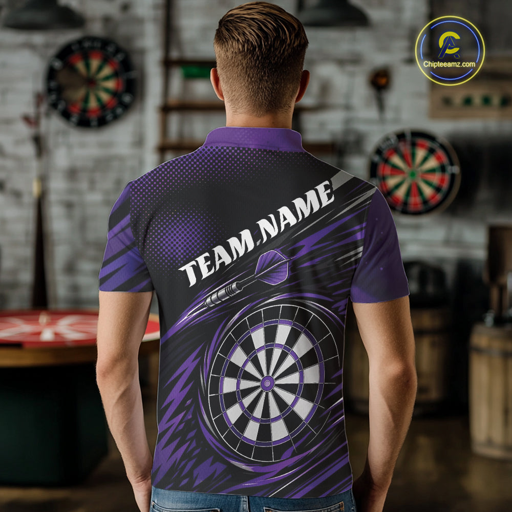 Back view of a man wearing a purple and black darts polo shirt, pairing a striking owl graphic with personalized names, a flying dart, and dartboard.