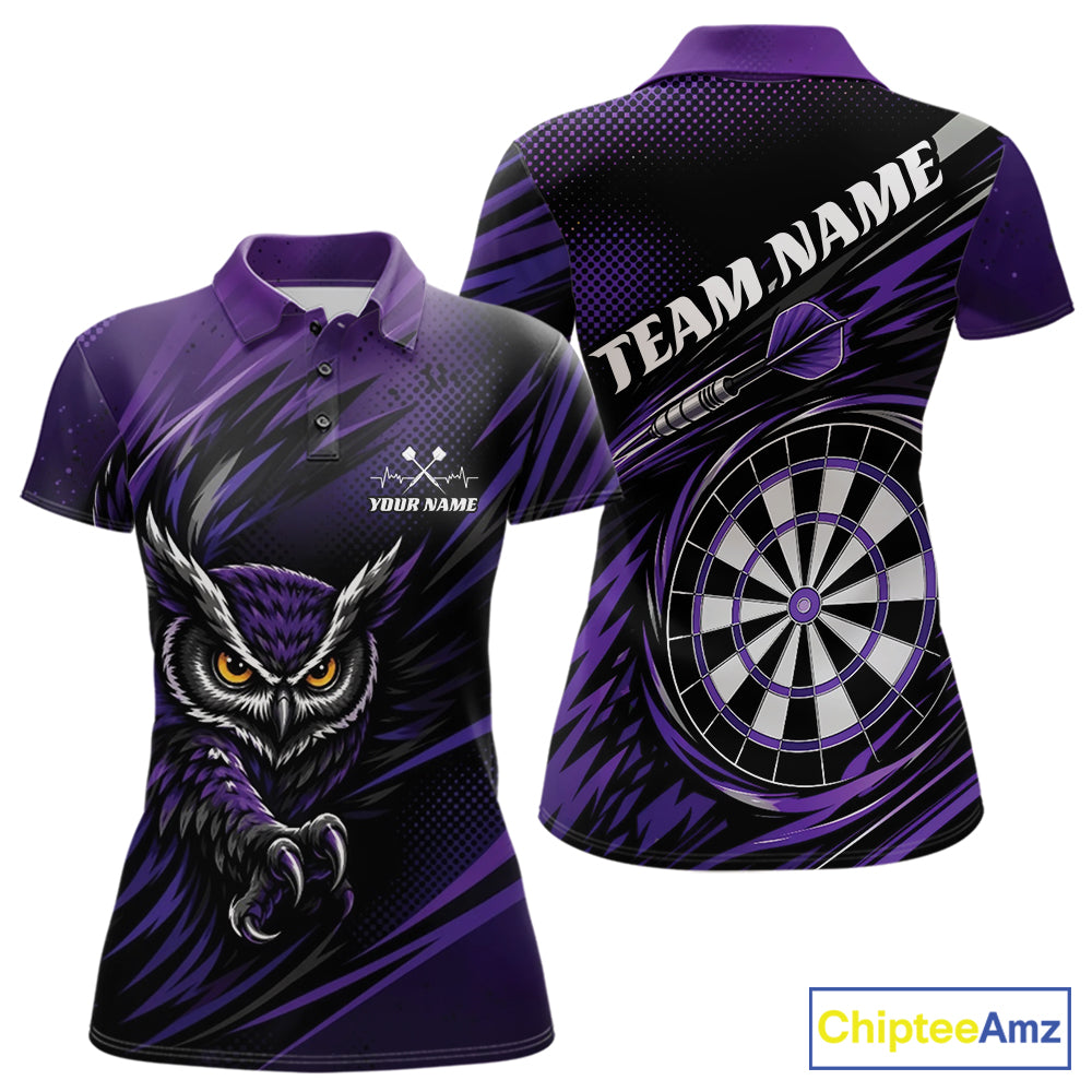 Front and back view of a purple and black darts polo shirt, pairing a striking owl graphic with personalized names, a flying dart, and dartboard.