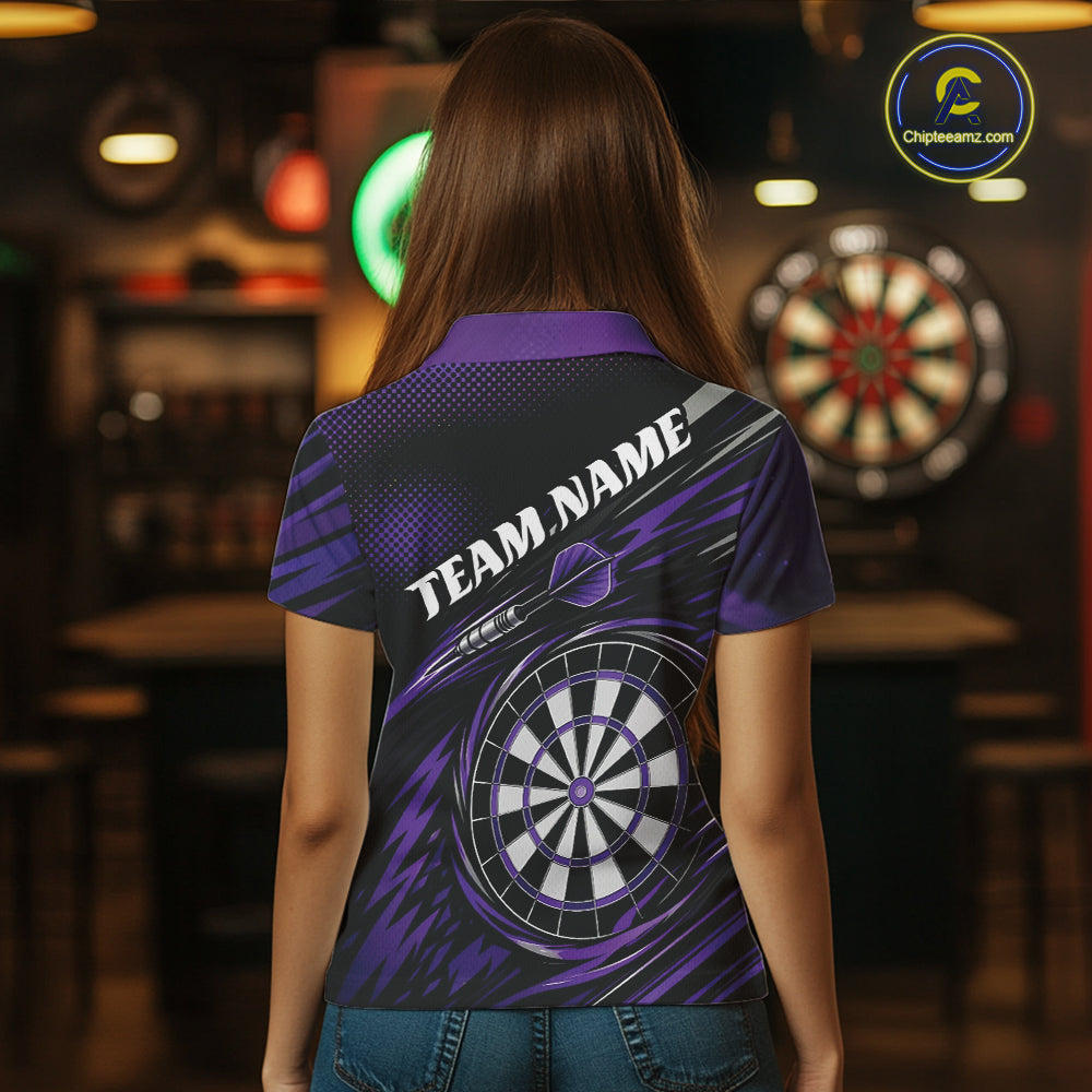 Back view of a woman wearing a purple and black darts polo shirt, pairing a striking owl graphic with personalized names, a flying dart, and dartboard.