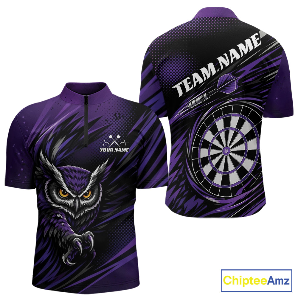 Front and back view of a purple and black darts polo shirt, pairing a striking owl graphic with personalized names, a flying dart, and dartboard.
