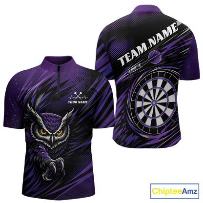 Front and back view of a purple and black darts polo shirt, pairing a striking owl graphic with personalized names, a flying dart, and dartboard.