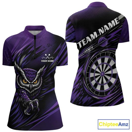Custom Purple Owl Darts Women Quarter-Zip Shirts, Dart Flights Darts League Shirt IPHW11732