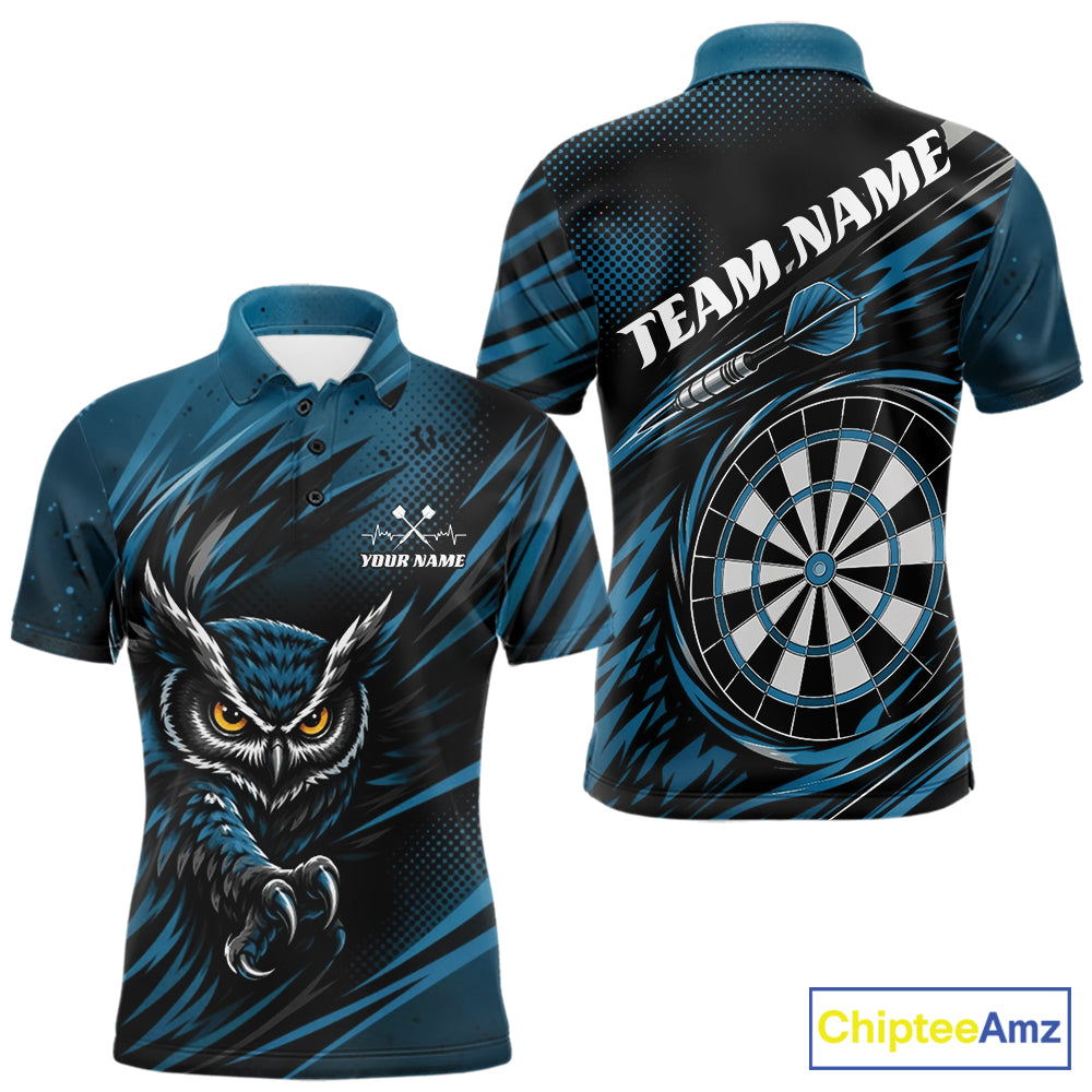 Front and back view of a blue and black darts polo shirt, pairing a striking owl graphic with personalized names, a flying dart, and dartboard.