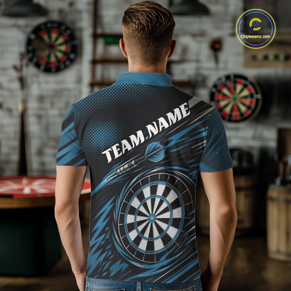 Back view of a man wearing a blue and black darts polo shirt, pairing a striking owl graphic with personalized names, a flying dart, and dartboard.