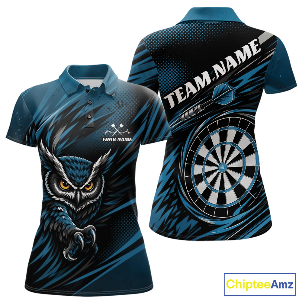 Front and back view of a blue and black darts polo shirt, pairing a striking owl graphic with personalized names, a flying dart, and dartboard.