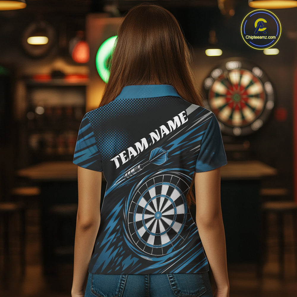 Back view of a woman wearing a blue and black darts polo shirt, pairing a striking owl graphic with personalized names, a flying dart, and dartboard.