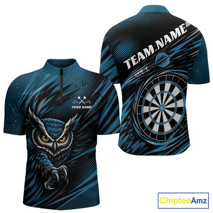 Front and back view of a blue and black darts polo shirt, pairing a striking owl graphic with personalized names, a flying dart, and dartboard.