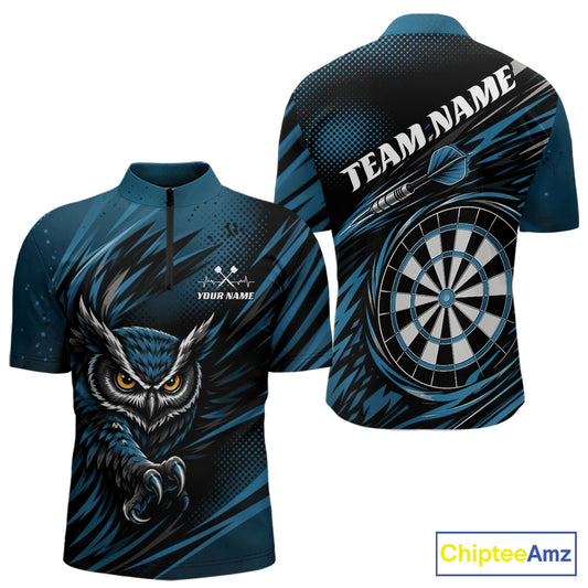 Custom Blue Owl Darts Men Quarter Zip Shirts, Dart Flights Darts League Shirt IPHW11733