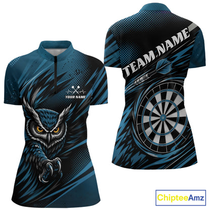 Front and back view of a blue and black darts quarter zip shirt, pairing a striking owl graphic with personalized names, a flying dart, and dartboard.