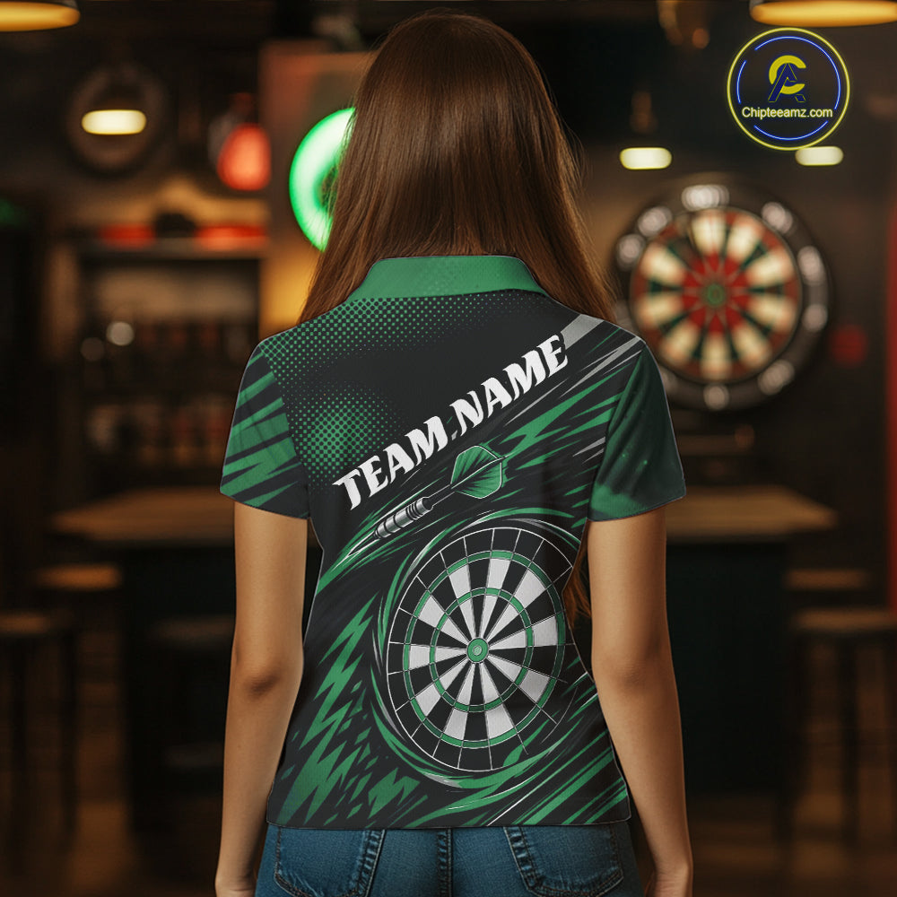 Back view of a woman wearing a green and black darts polo shirt, pairing a striking owl graphic with personalized names, a flying dart, and dartboard.