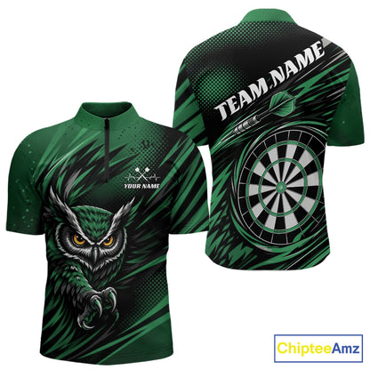 Front and back view of a green and black darts quarter zip shirt, pairing a striking owl graphic with personalized names, a flying dart, and dartboard.