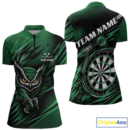 Front and back view of a womens green and black darts quarter zip shirt, pairing a striking owl graphic with personalized names, a flying dart, and dartboard.