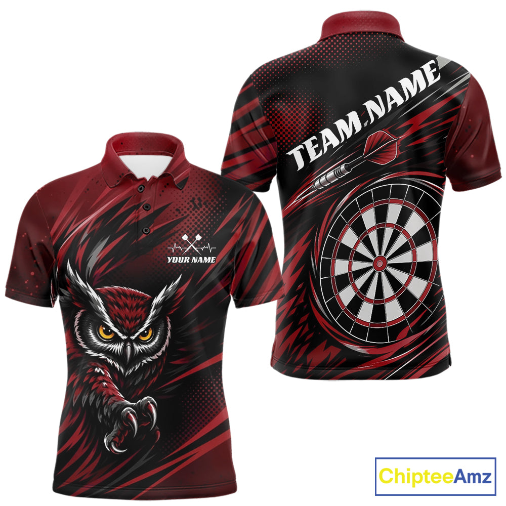 Front and back view of a red and black darts polo shirt, pairing a striking owl graphic with personalized names, a flying dart, and dartboard.