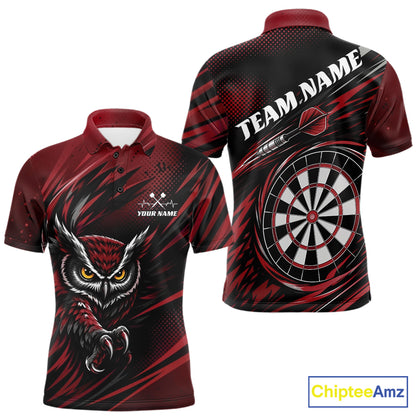 Front and back view of a red and black darts polo shirt, pairing a striking owl graphic with personalized names, a flying dart, and dartboard.