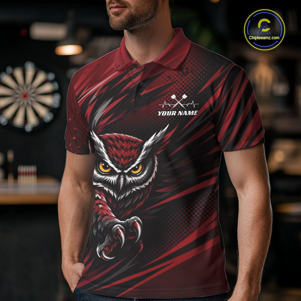 Front view of a man wearing a red and black darts polo shirt, pairing a striking owl graphic with personalized names, a flying dart, and dartboard.