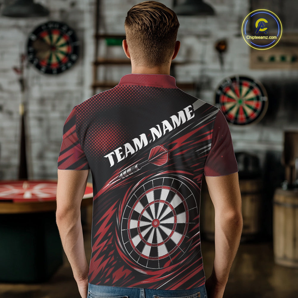 Back view of a man wearing a red and black darts polo shirt, pairing a striking owl graphic with personalized names, a flying dart, and dartboard.