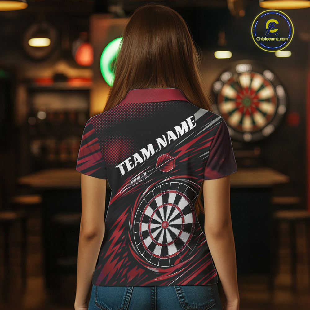 Back view of a woman wearing a red and black darts polo shirt, pairing a striking owl graphic with personalized names, a flying dart, and dartboard.