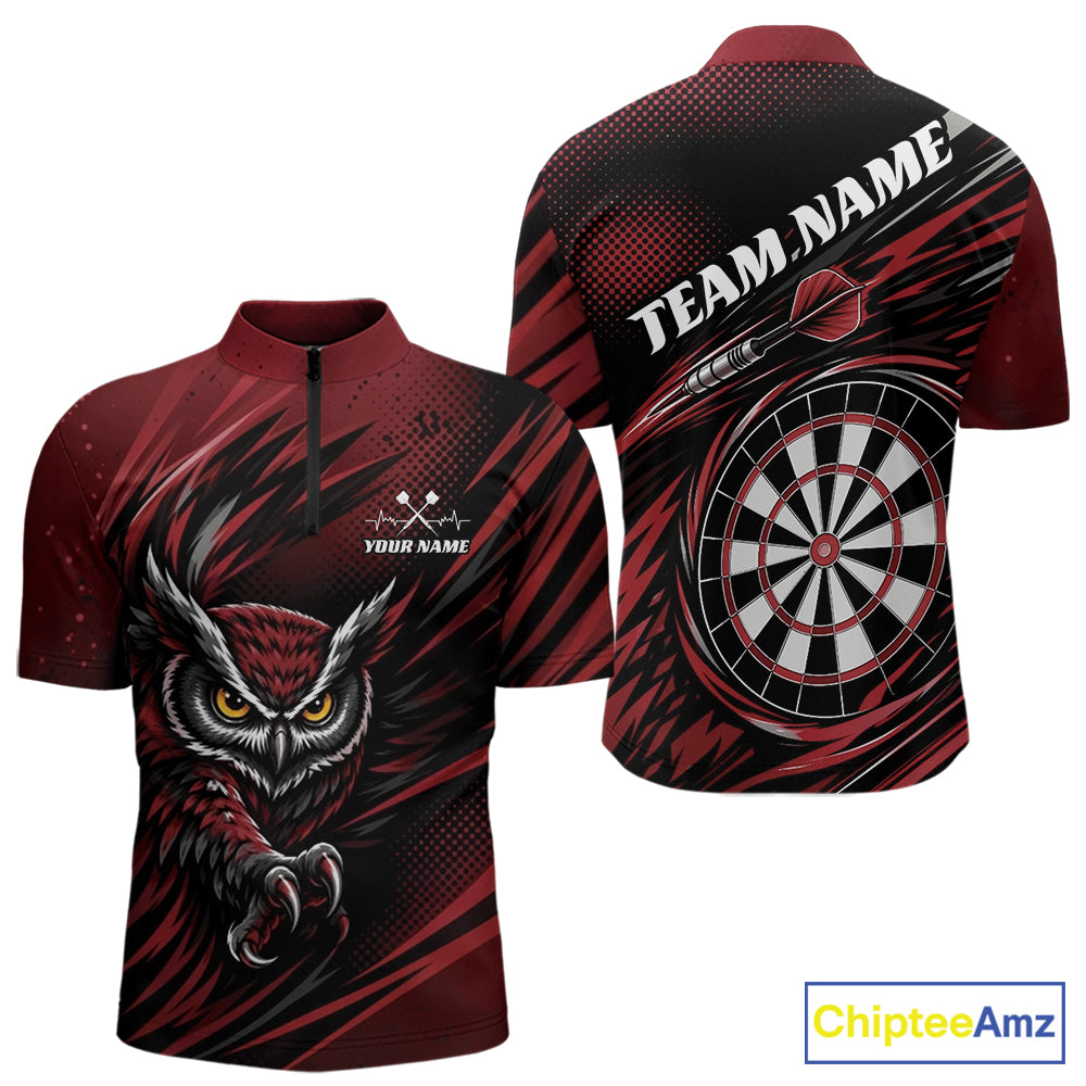 Front and back view of a red and black darts quarter zip shirt, pairing a striking owl graphic with personalized names, a flying dart, and dartboard.