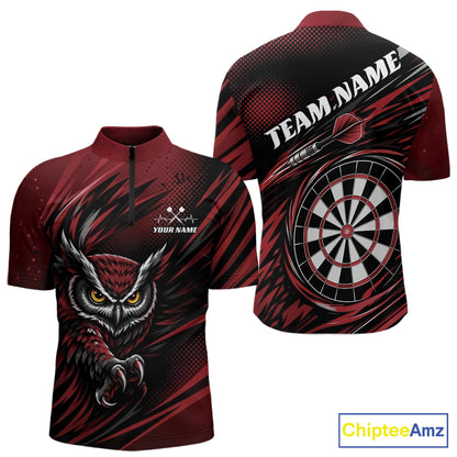 Front and back view of a red and black darts quarter zip shirt, pairing a striking owl graphic with personalized names, a flying dart, and dartboard.