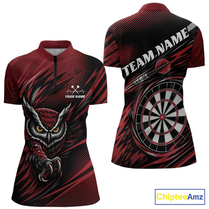 Front and back view of a red and black darts quarter zip shirt, pairing a striking owl graphic with personalized names, a flying dart, and dartboard.