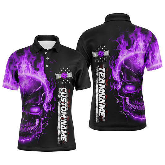 Flame Skull American Flag Custom Team Pickleball Shirts For Men, Patriotic Pickleball Jerseys IPHW5193