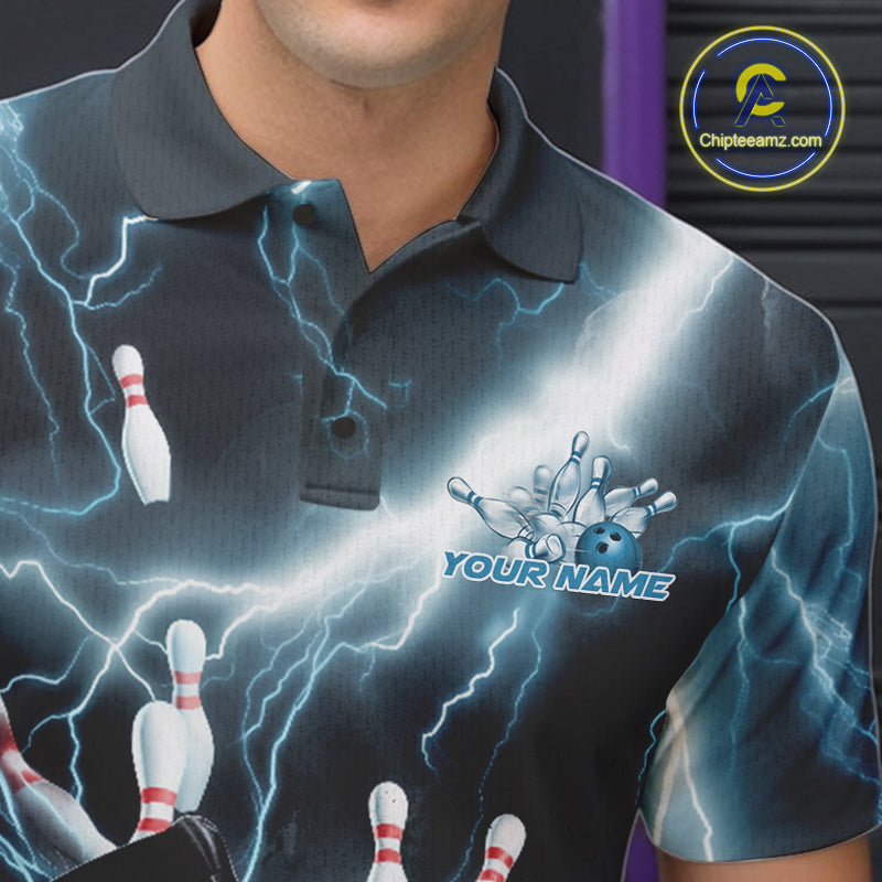 Custom Blue Thunder Lightning Grim Reaper Bowling Men Polo Shirt, Halloween Bowling Outfit IPHW9797